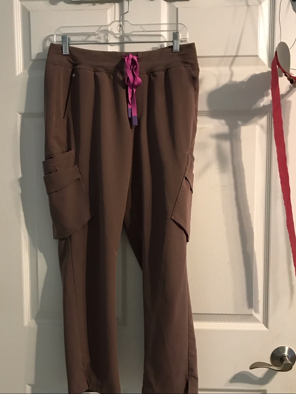 Women's Brown Cargo scrubs with Pink Drawstring